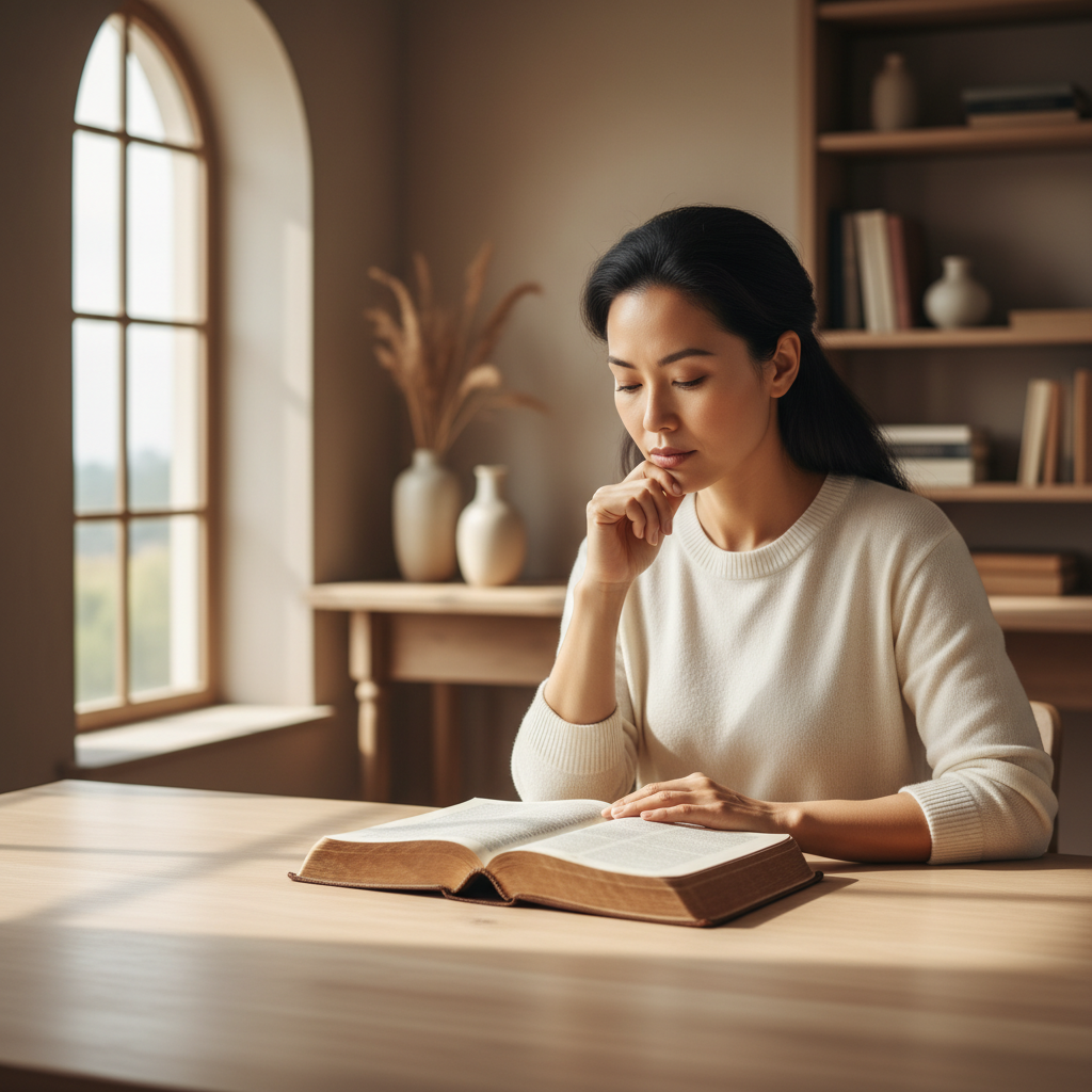 A person thoughtfully studying an open Bible in a serene, well-lit room, symbolizing spiritual reflection and guidance.