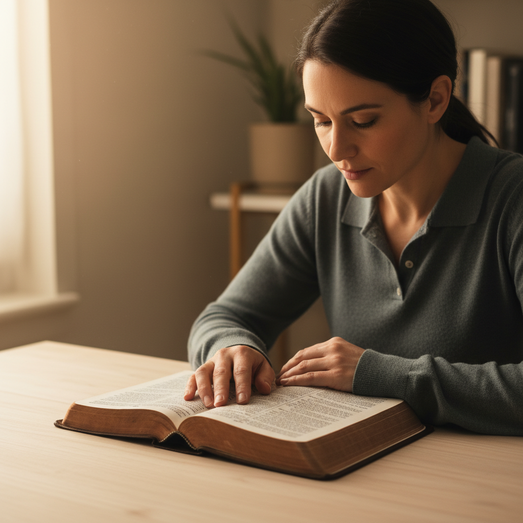 A person thoughtfully studying an open Bible under soft, warm light, conveying spiritual reflection and understanding.