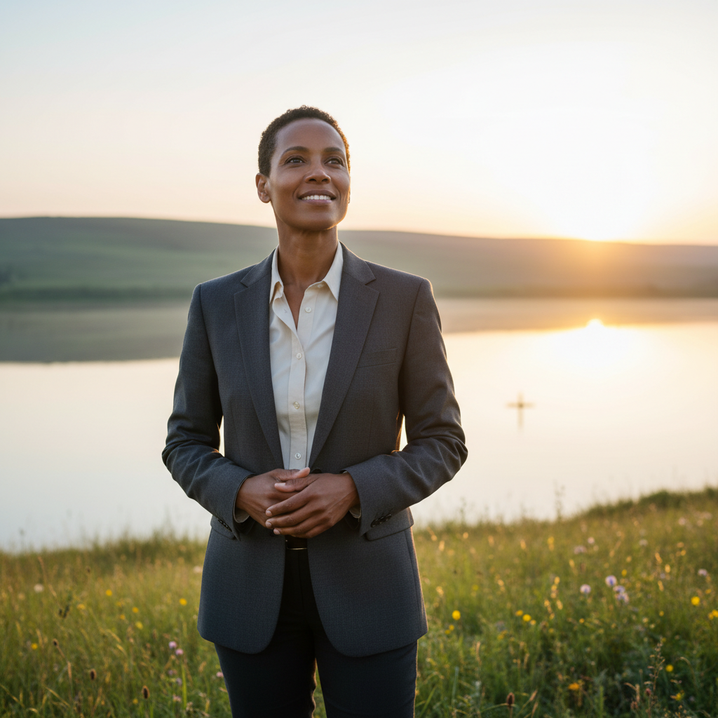 A person with a calm, confident expression, standing peacefully in a bright setting, symbolizing faith and assurance.