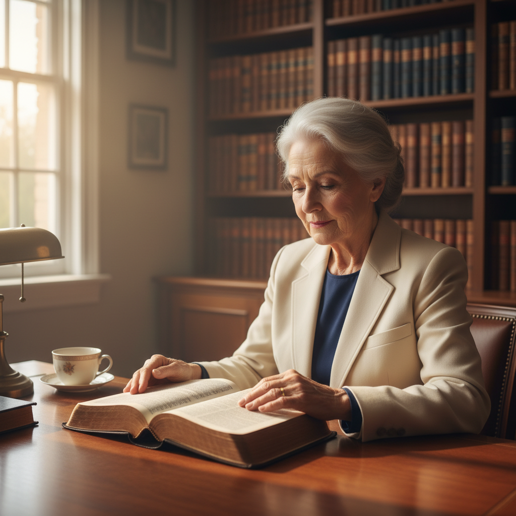 A person with a thoughtful expression reading an open Bible in a quiet study.
