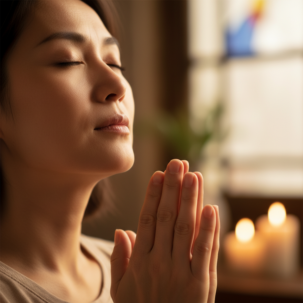 A person with closed eyes and clasped hands engaged in deep, sincere prayer in a softly lit setting.