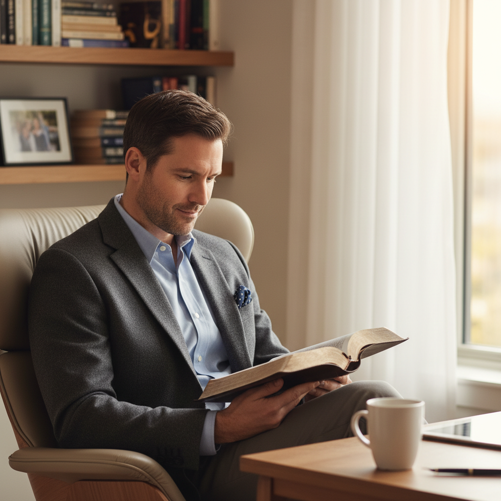 A professional man thoughtfully reads a Bible in a bright, modern office.
