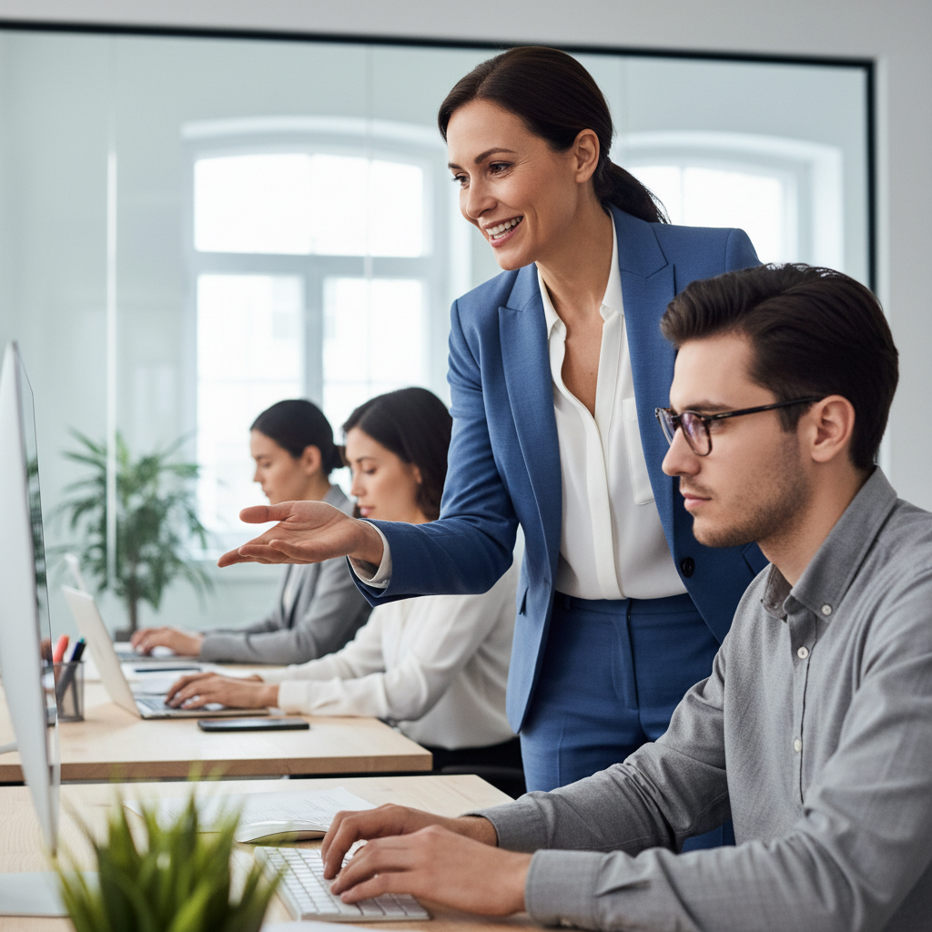 A professional woman mentors a younger colleague in a modern office, demonstrating leadership and care.