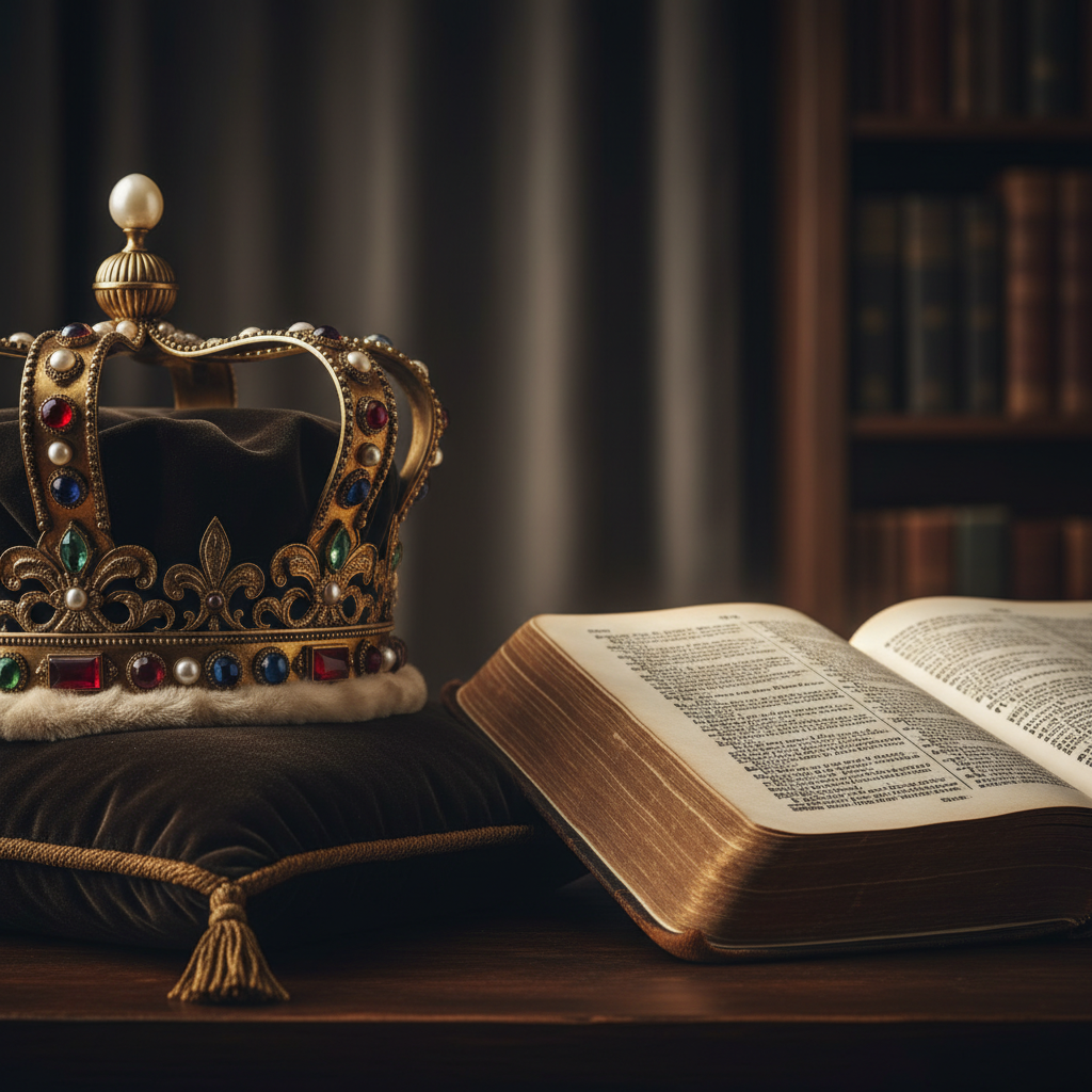 A regal, antique gold crown sits beside an open, ancient Bible, symbolizing Jesus's royal lineage and biblical authority as the Son of David.