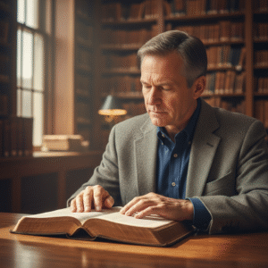 A scholar or theologian in a peaceful study, intently reading an ancient Bible, symbolizing deep biblical study and spiritual reflection.
