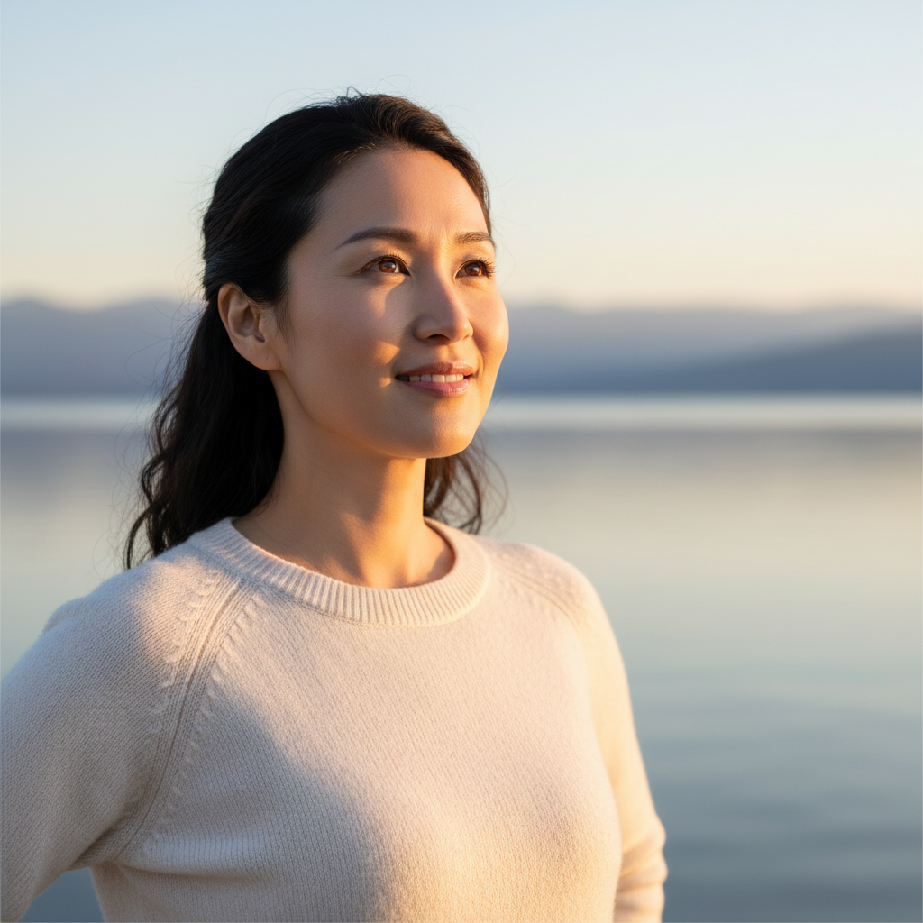 A serene person with a confident, hopeful expression, radiating inner peace and strengthened faith.