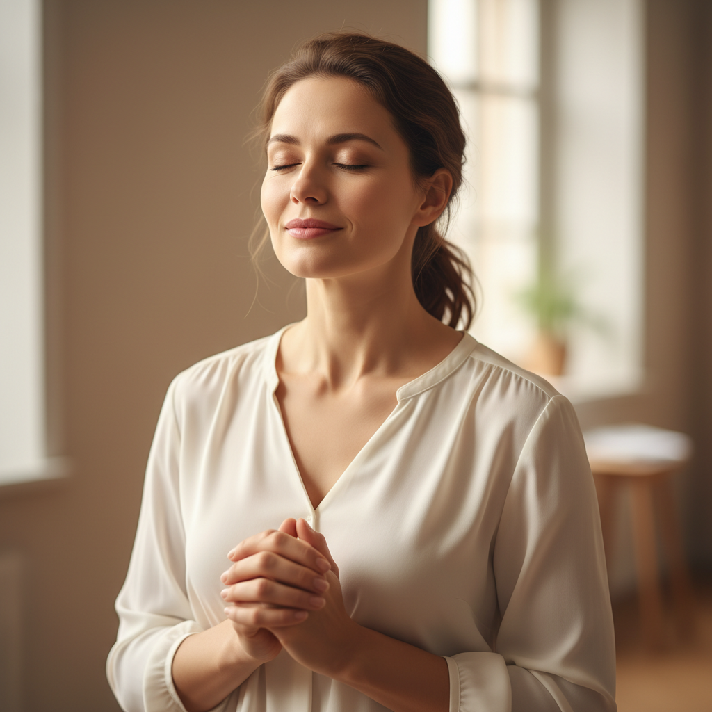 A serene person with clasped hands and eyes closed, in quiet prayer or contemplation.