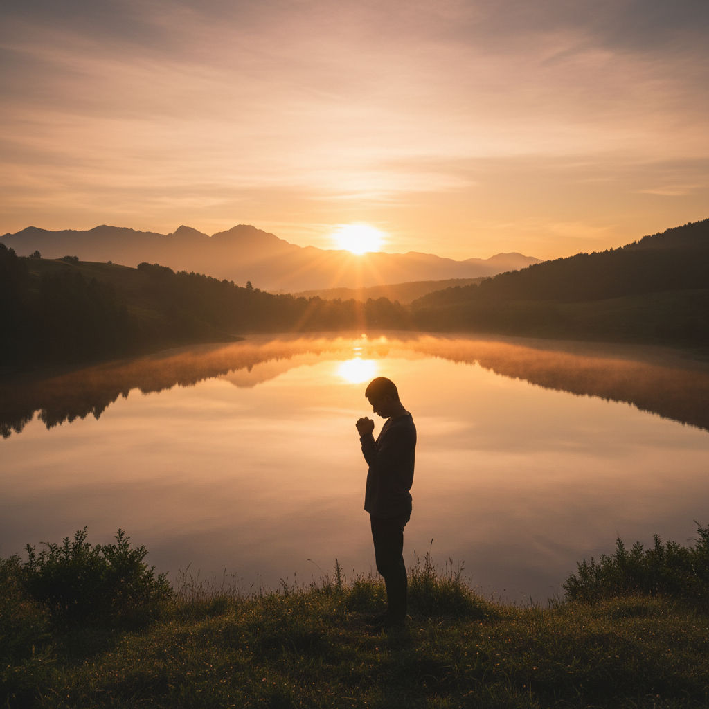 A silhouette of a person standing in prayer or contemplation at sunrise over a tranquil, misty natural landscape.