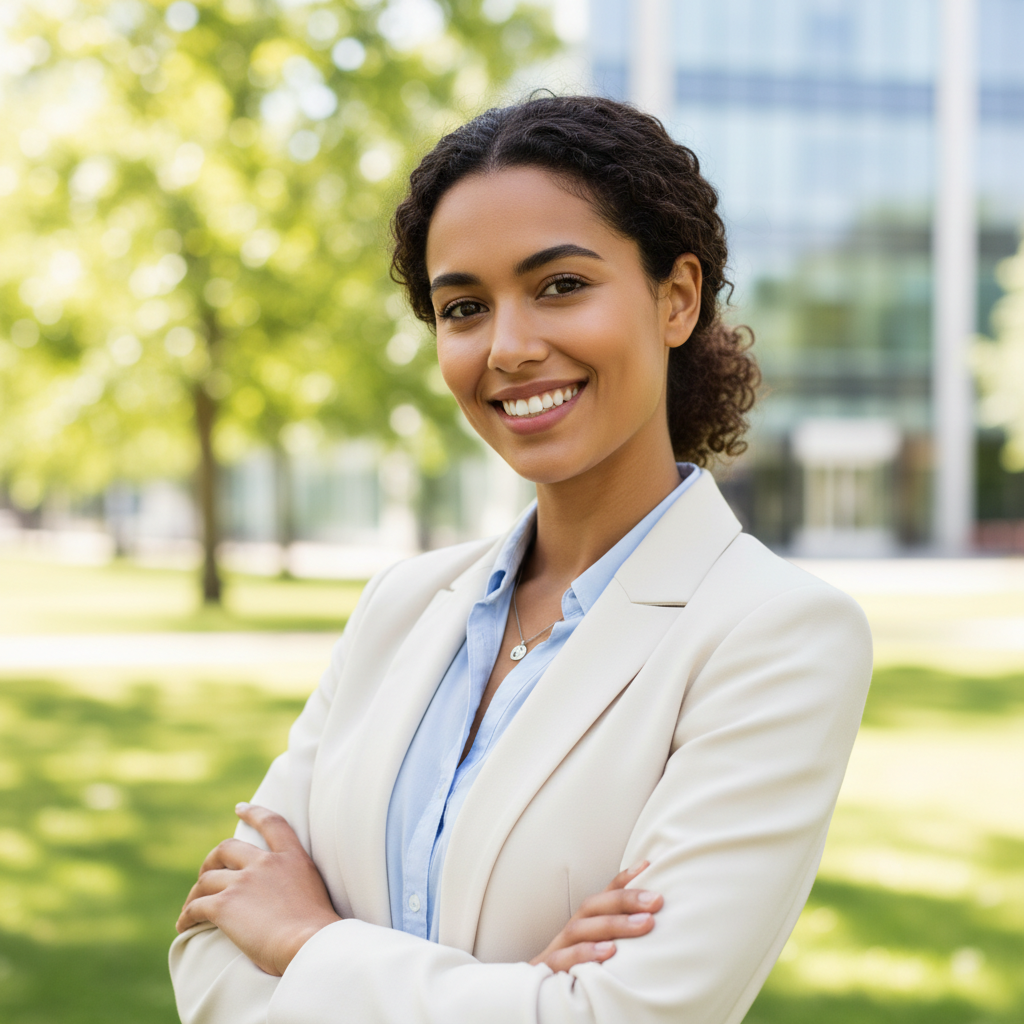 A smiling woman extending an open, welcoming invitation.