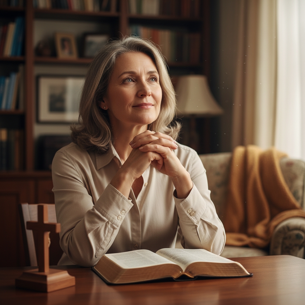 A thoughtful person looking up, reflecting on spiritual questions with an open Bible nearby.