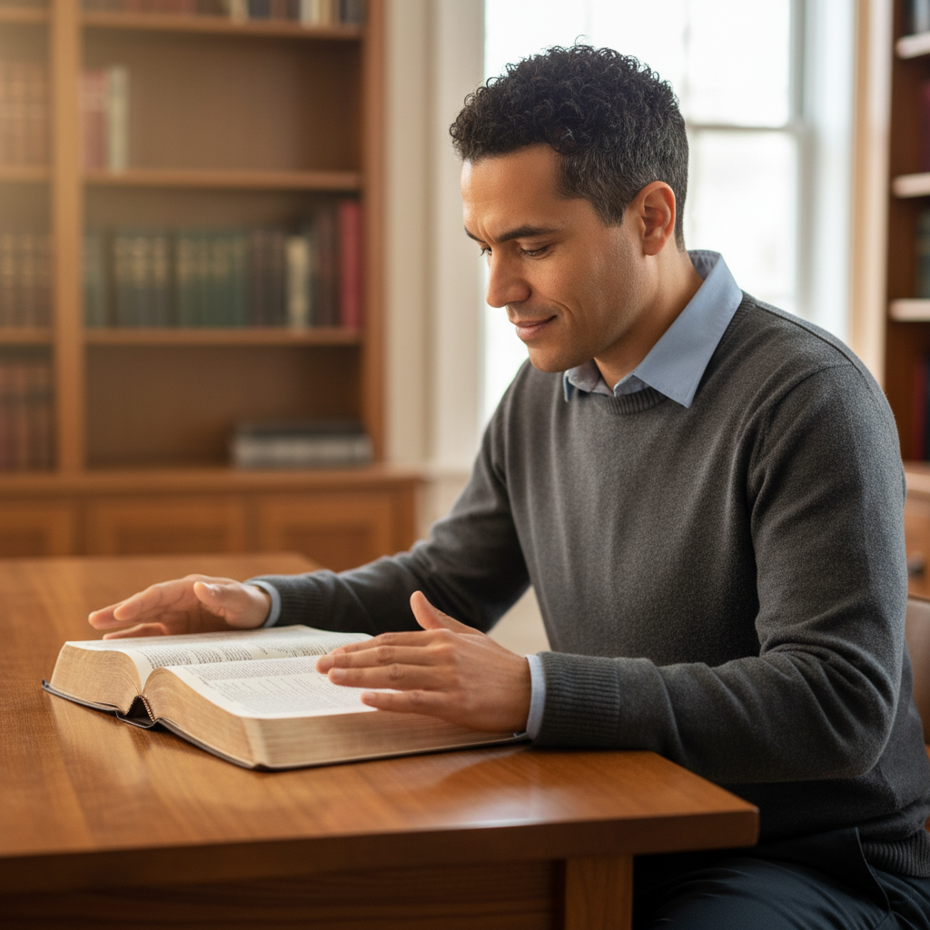 A thoughtful person studying an open Bible, illuminated by a warm light.