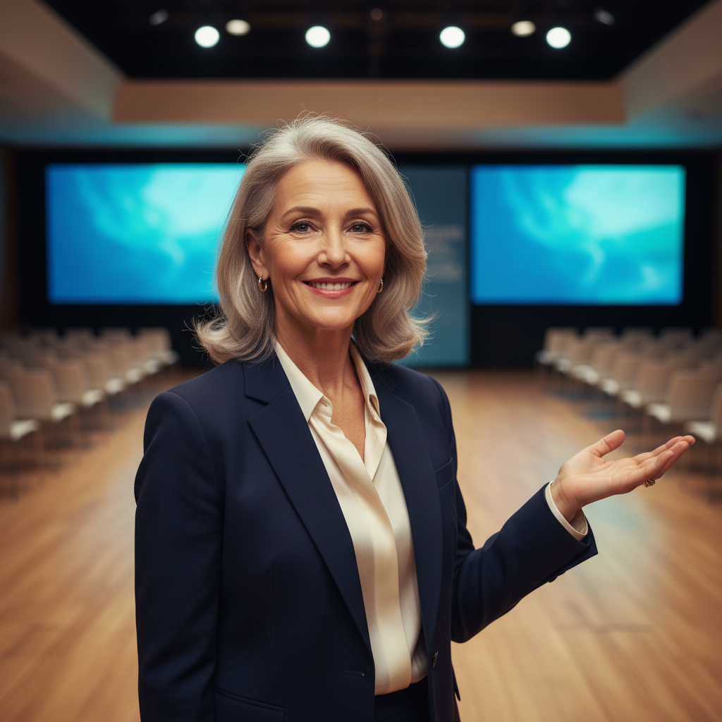 A wise speaker with a confident expression, gesturing as if explaining an important truth.