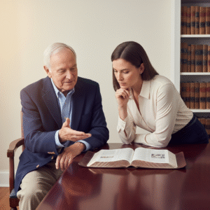 A wise spiritual mentor gently guides a younger adult studying an open Bible on a polished wooden table, in a professional study setting.