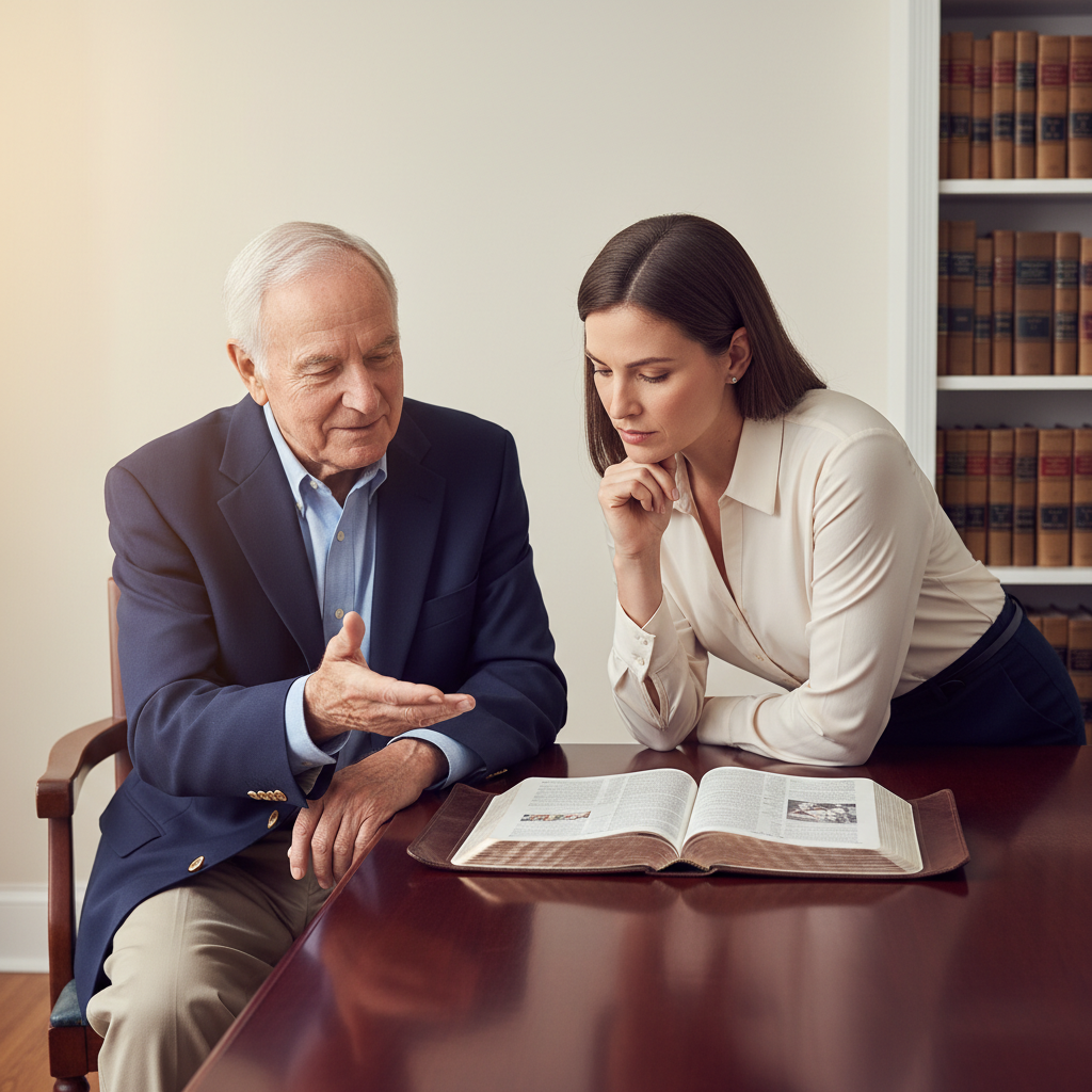 A wise spiritual mentor gently guides a younger adult studying an open Bible on a polished wooden table, in a professional study setting.