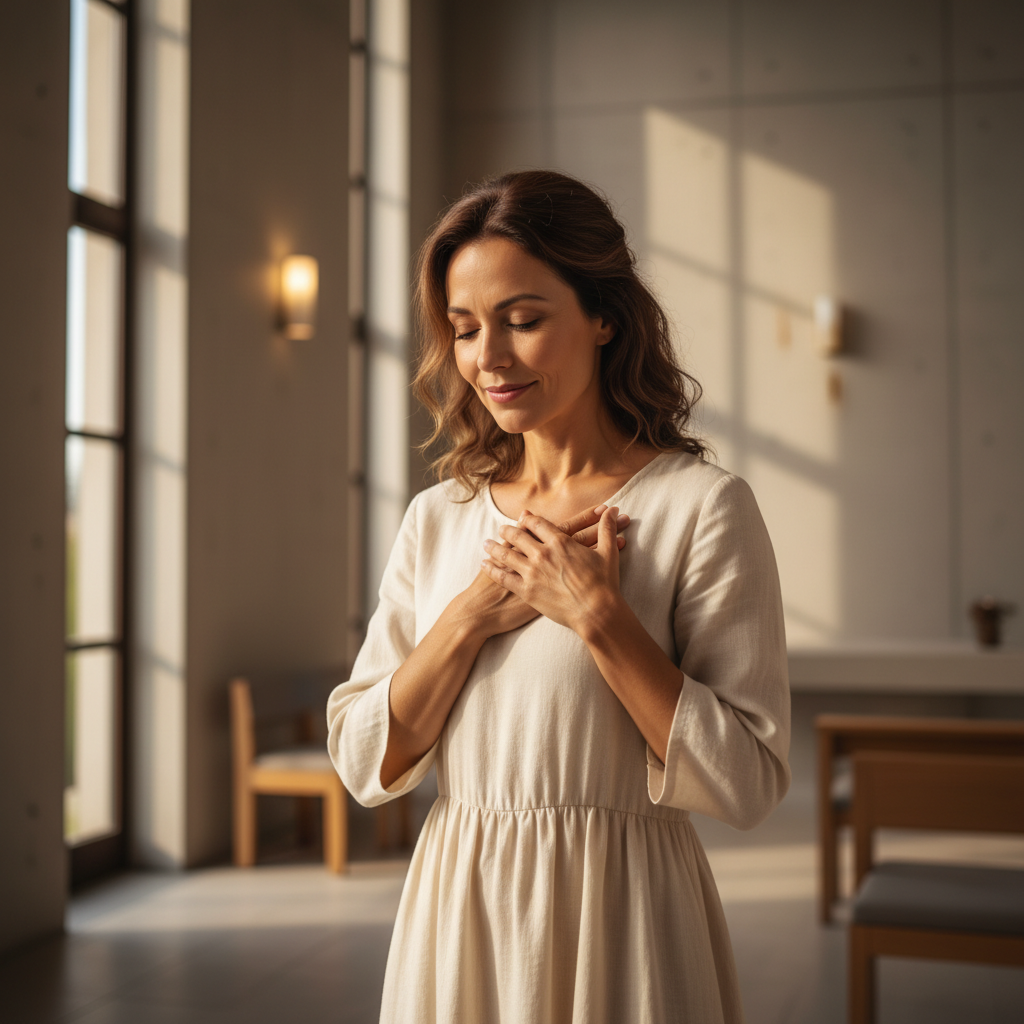 A woman in peaceful contemplation, hands clasped, conveying trust and surrender to God.