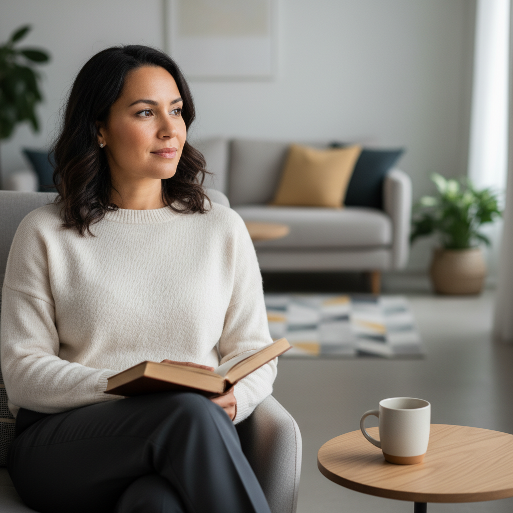 A woman with a thoughtful expression holding a book, reflecting on faith in a peaceful setting.