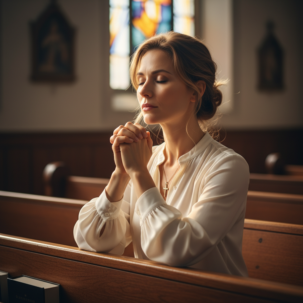 A woman with clasped hands, praying reverently in a softly lit space.