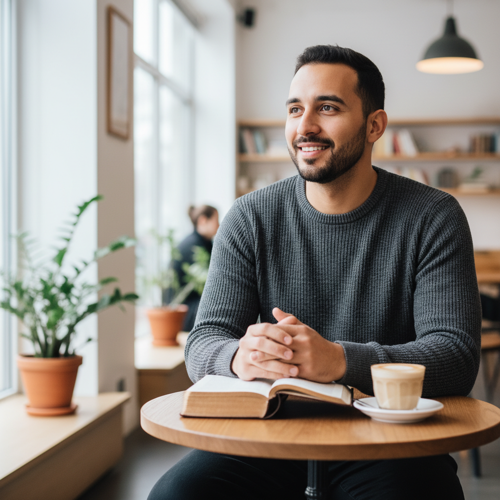 A young man sitting calmly, reflecting with a peaceful and hopeful expression, symbolizing modern Christian faith.