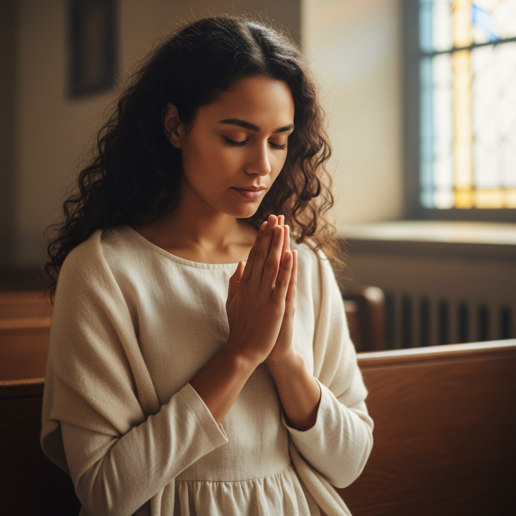 A young woman with hands clasped, quietly praying with a serene expression.