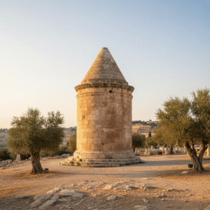 Absalom's Monument, an ancient, weathered stone structure in Jerusalem's Kidron Valley, bathed in warm light, symbolizing a biblical lesson on pride and legacy.