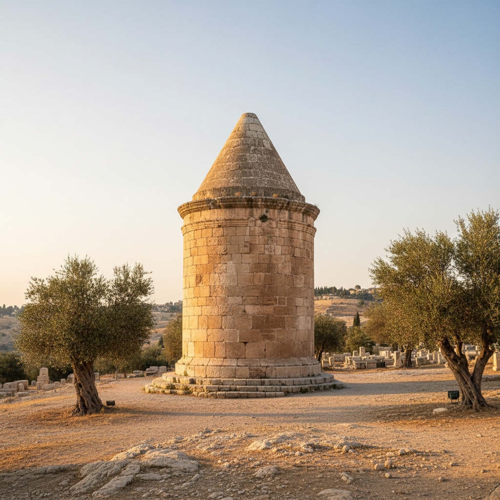 Absalom's Monument, an ancient, weathered stone structure in Jerusalem's Kidron Valley, bathed in warm light, symbolizing a biblical lesson on pride and legacy.