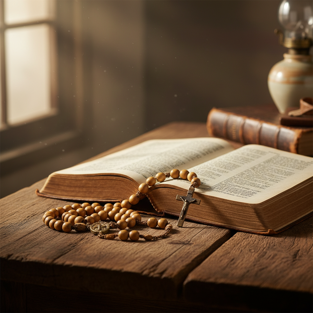 An aged Bible open on a wooden table next to a classic rosary.