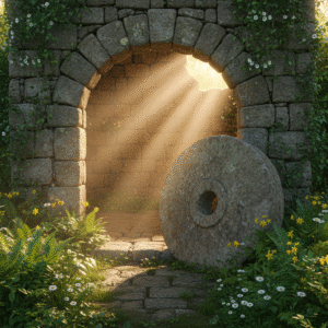 An empty ancient stone tomb with the stone rolled away, bathed in warm morning light and surrounded by spring foliage, symbolizing the resurrection of Jesus Christ.