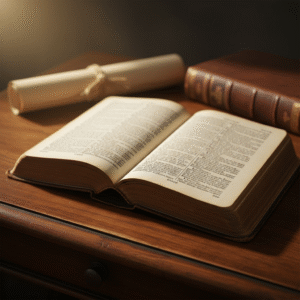 An open, aged Bible illuminated by warm light, resting on a wooden table with subtle historical study elements in the background.