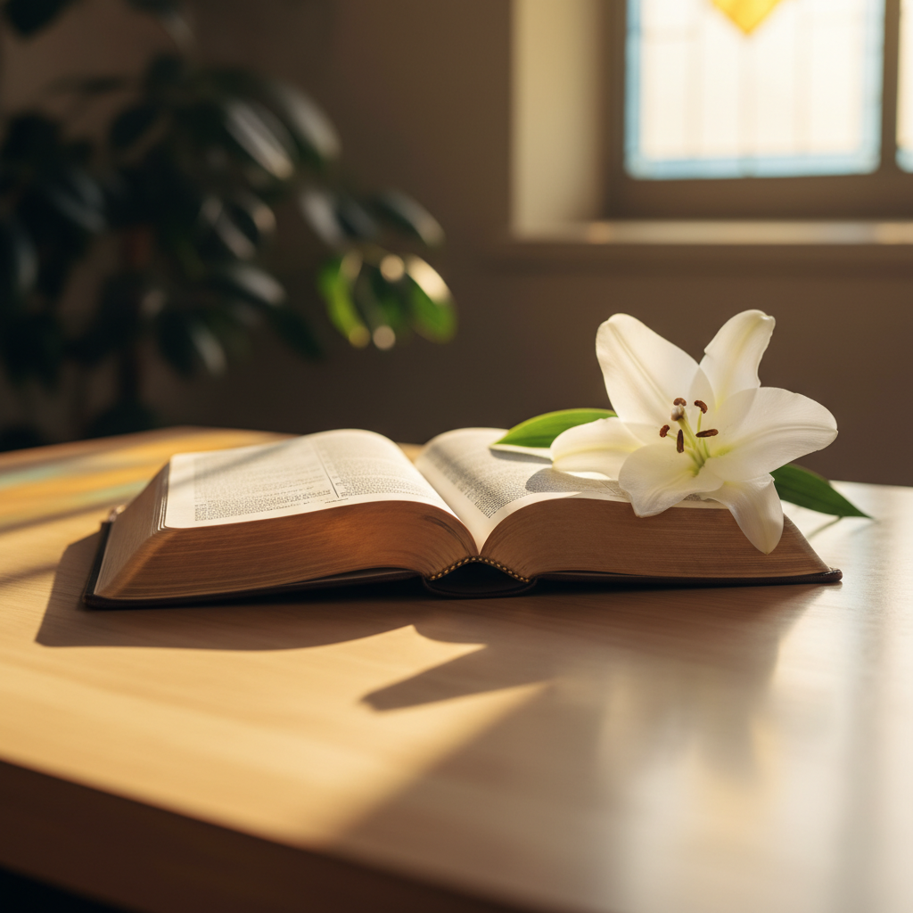 An open Bible beside a white lily, illuminated by soft light, symbolizing purity, faith, and reflection.