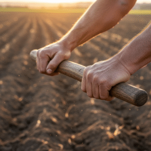 Close-up of weathered hands firmly gripping the wooden handle of an antique plow in a sunlit field, symbolizing unwavering commitment.