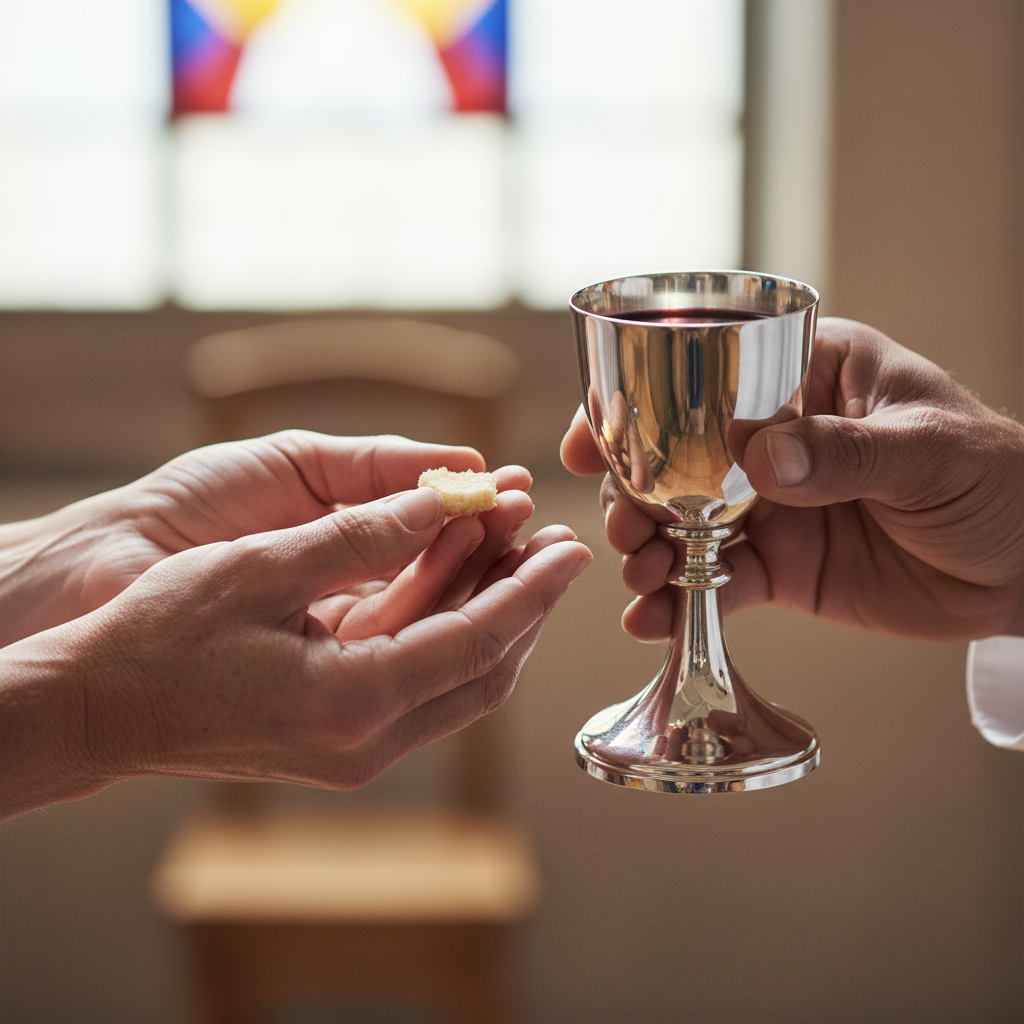 Close-up photo of hands reverently holding communion bread and wine.