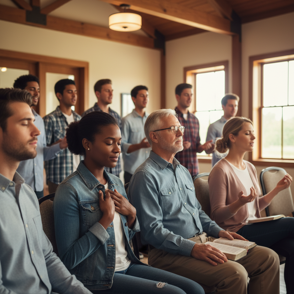 Diverse group of people worshiping together, showing expressions of deep peace and spiritual connection.