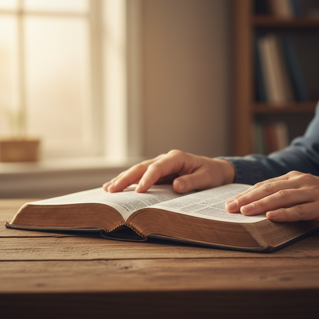 Hands gently resting on an open Bible, illuminated by warm light.