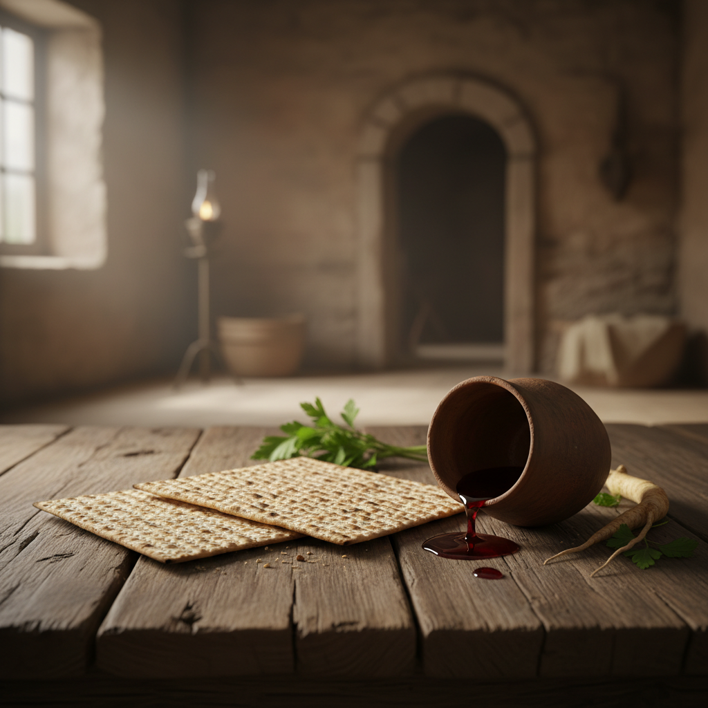 Still life photo of unleavened bread and a cup of wine on a rustic table, evoking the Last Supper setting.