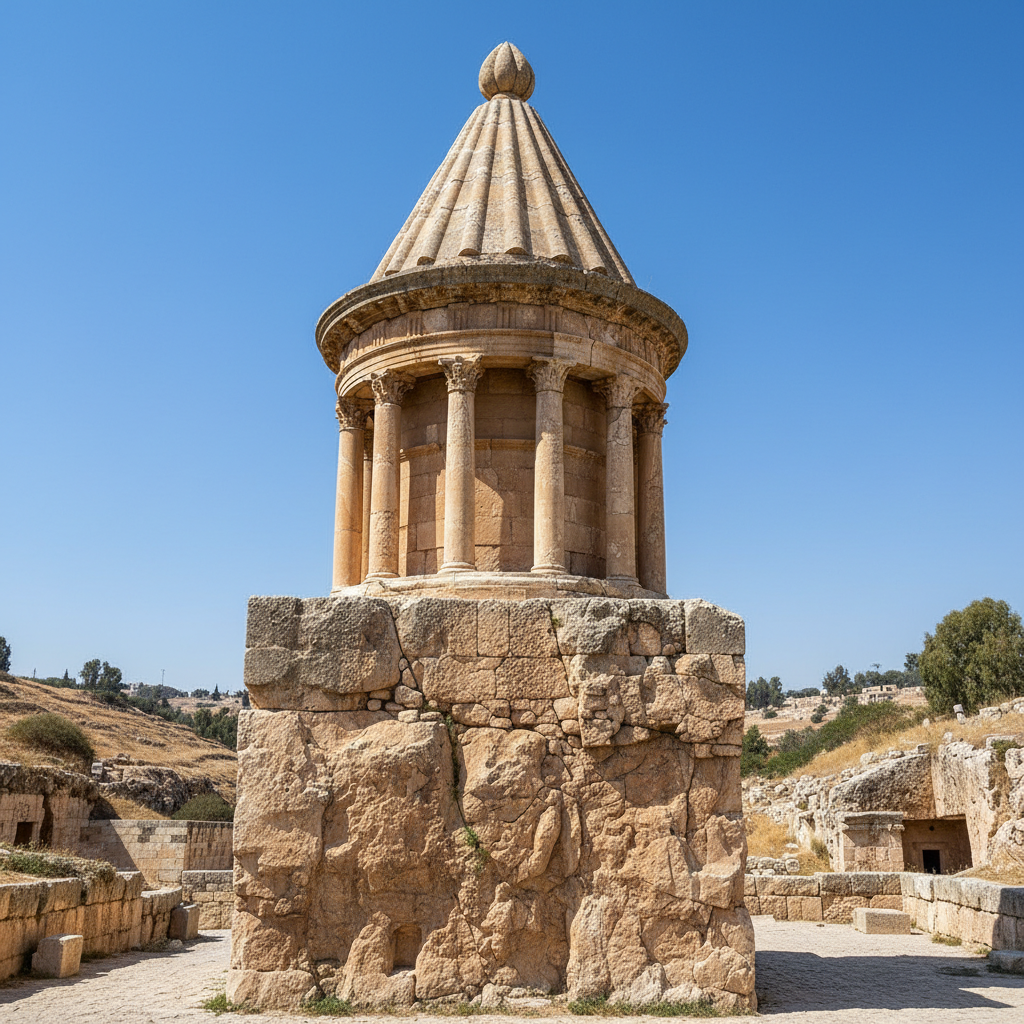 The ancient rock-hewn Tomb of Absalom monument with its conical roof in Jerusalem's Kidron Valley.