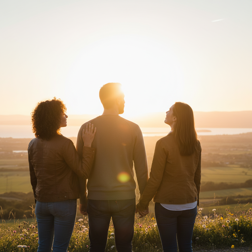 Three adults standing together, looking towards a bright, hopeful horizon.