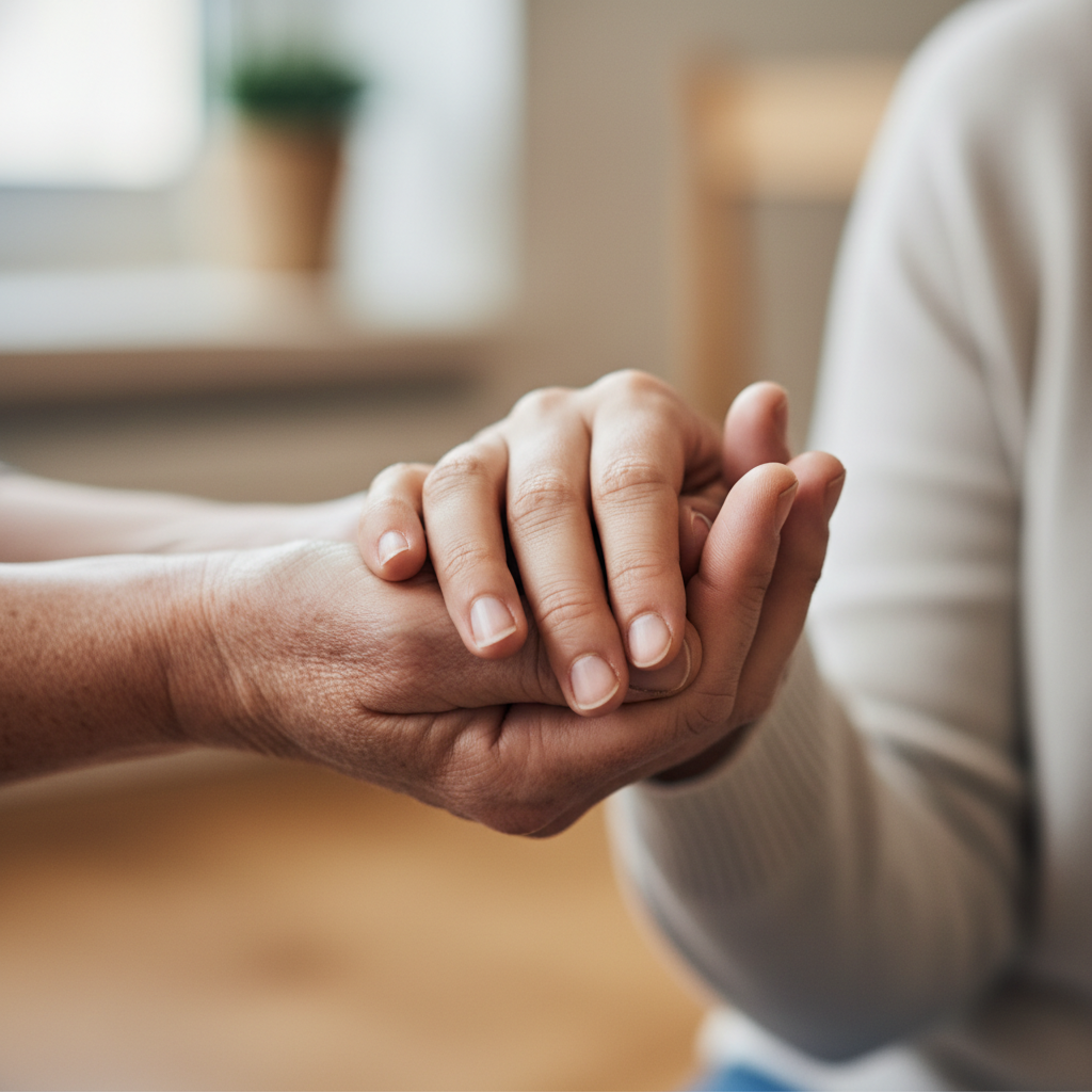 Two hands gently clasped, symbolizing comfort, support, and profound human trust.