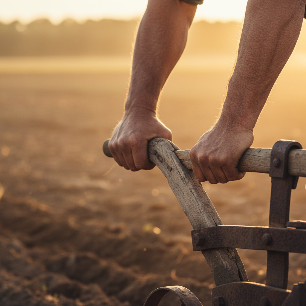 Weathered hands firmly gripping the wooden handles of a rustic plow in a field.