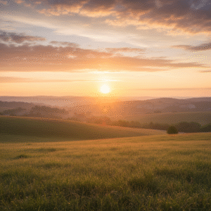 A breathtaking golden sunrise over a peaceful landscape, with warm light illuminating the horizon and clouds, symbolizing hope and divine promise.