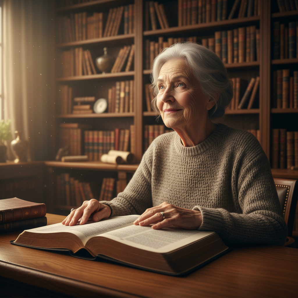 A contemplative elder sits at a desk with an open Bible, looking into the distance, symbolizing the realization of Jesus's infinite works.