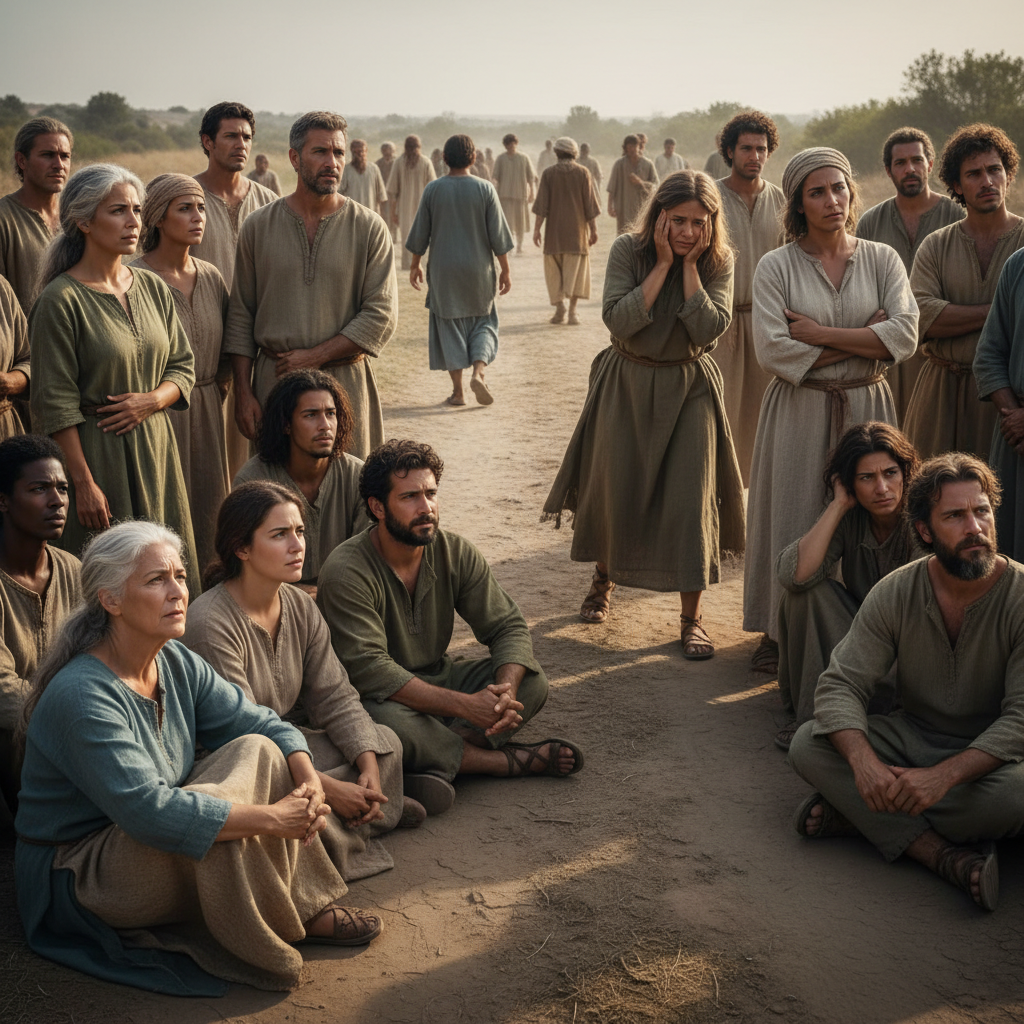 A diverse crowd of people, some listening intently, while others turn away with expressions of doubt and confusion.