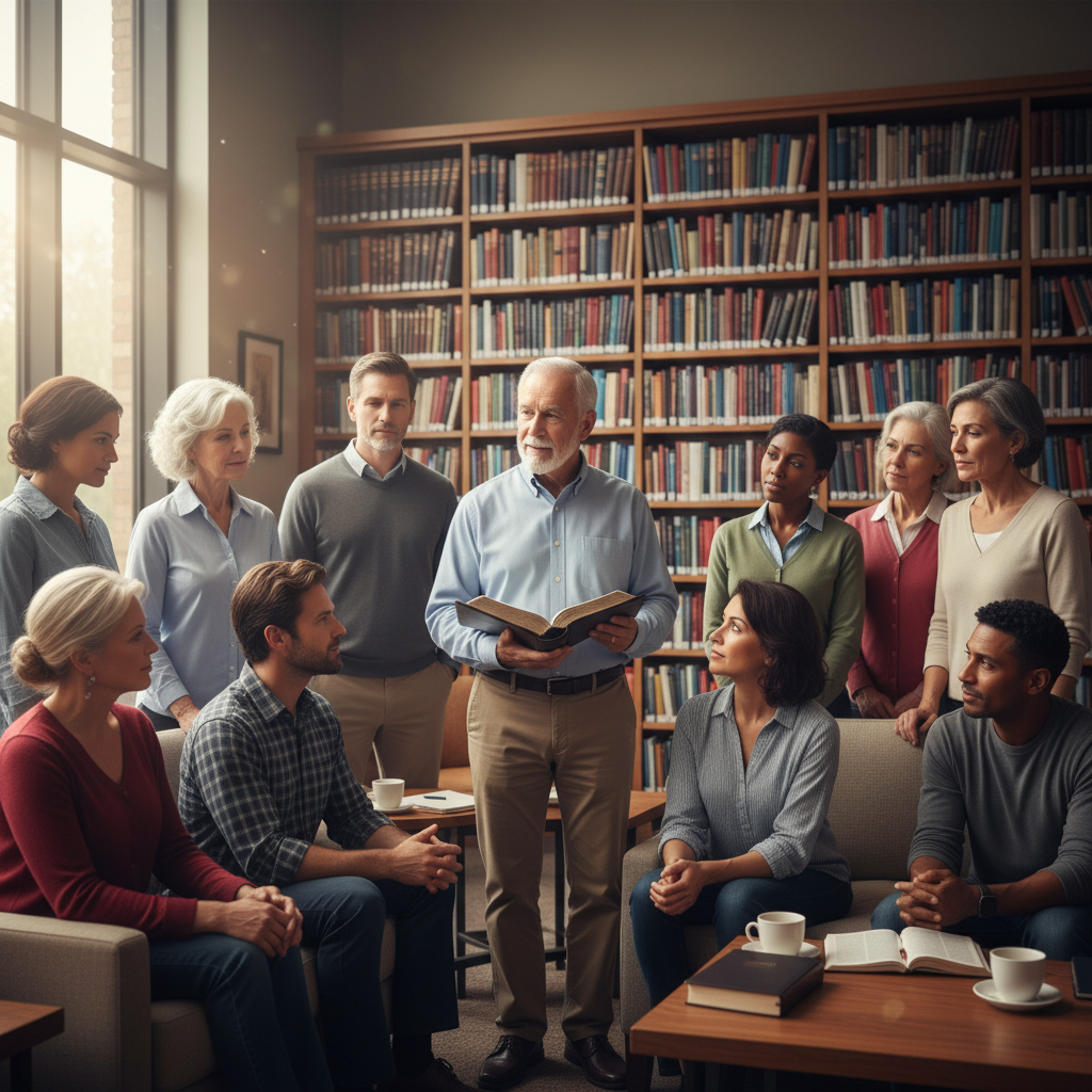 A diverse group of adults in a church library, looking thoughtfully at an open Bible and many theological books, symbolizing deep spiritual significance.