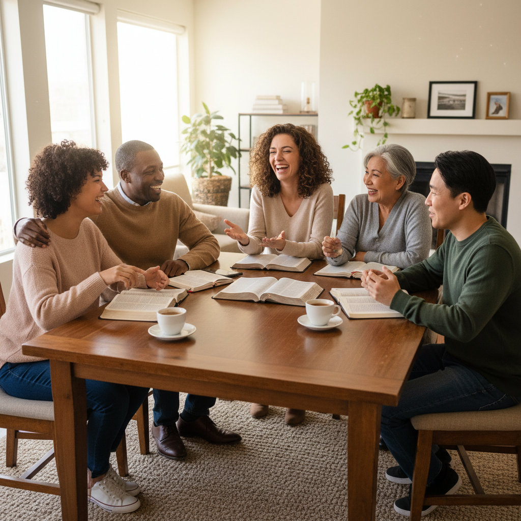 A diverse group of Christians engaging in joyful bible study and fellowship.