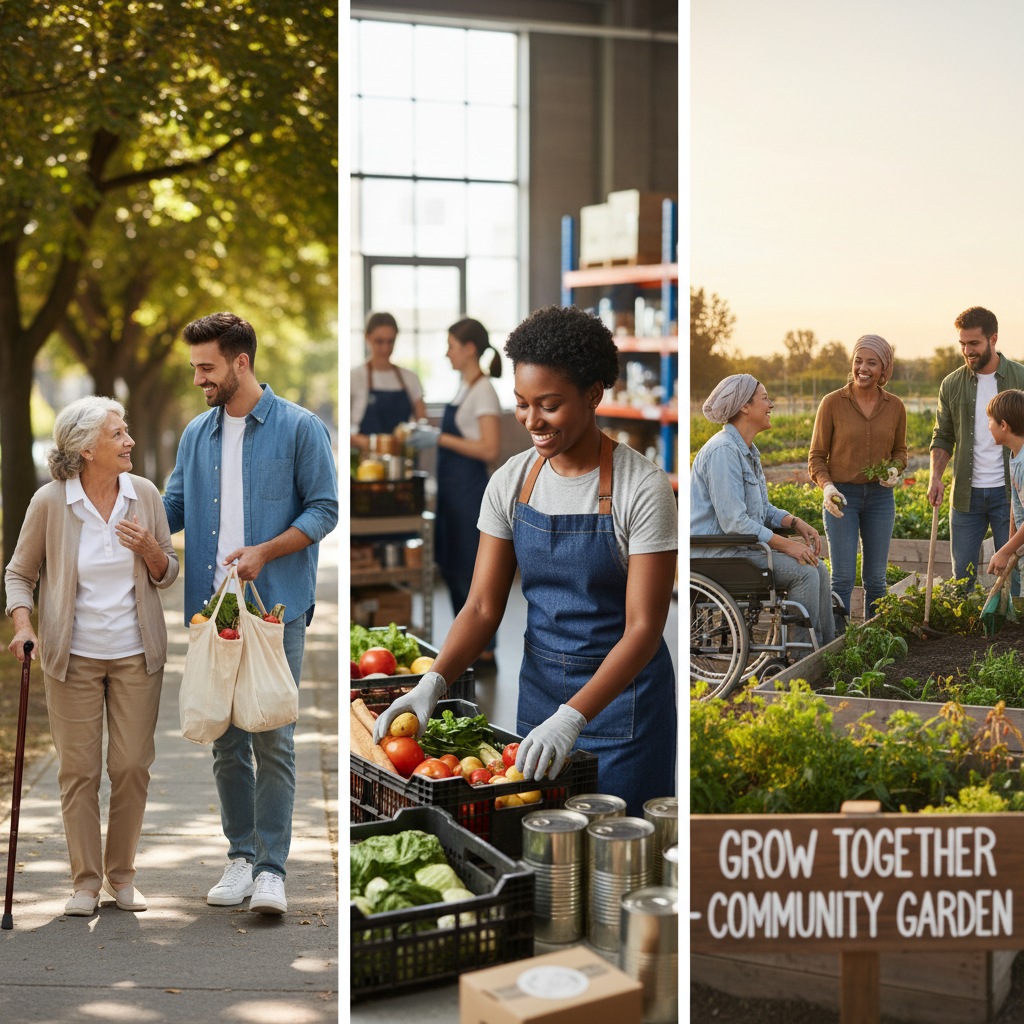 A diverse group of people engaged in various acts of community service, like helping with groceries and gardening.