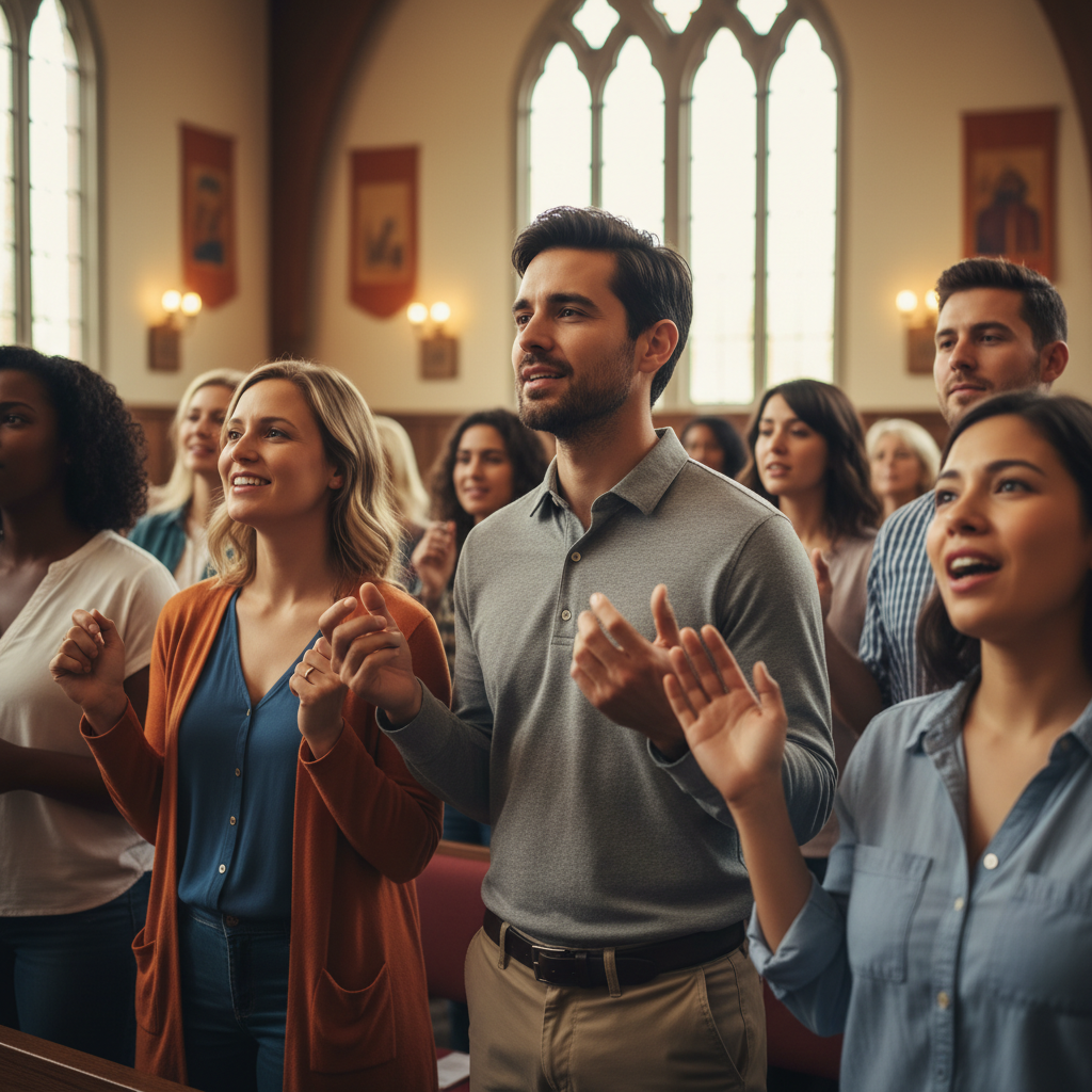 A diverse group of people in a church setting, expressing reverence and joy during worship.