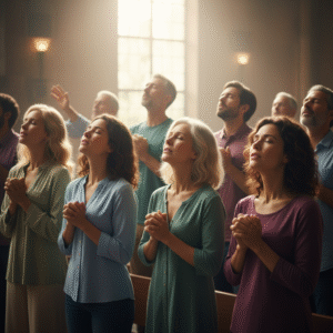 A diverse group of people in collective worship, with reverent expressions and hands raised in praise.