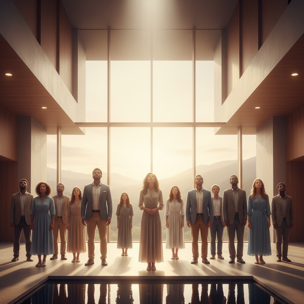 A diverse group of people reflecting peacefully in a warmly lit, modern space, symbolizing shared spiritual inspiration.