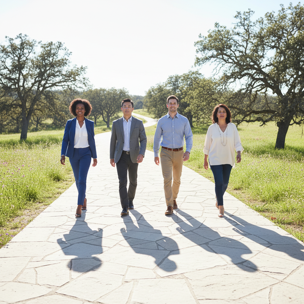 A diverse group of people walking purposefully on a sunlit path, symbolizing faith and guidance.