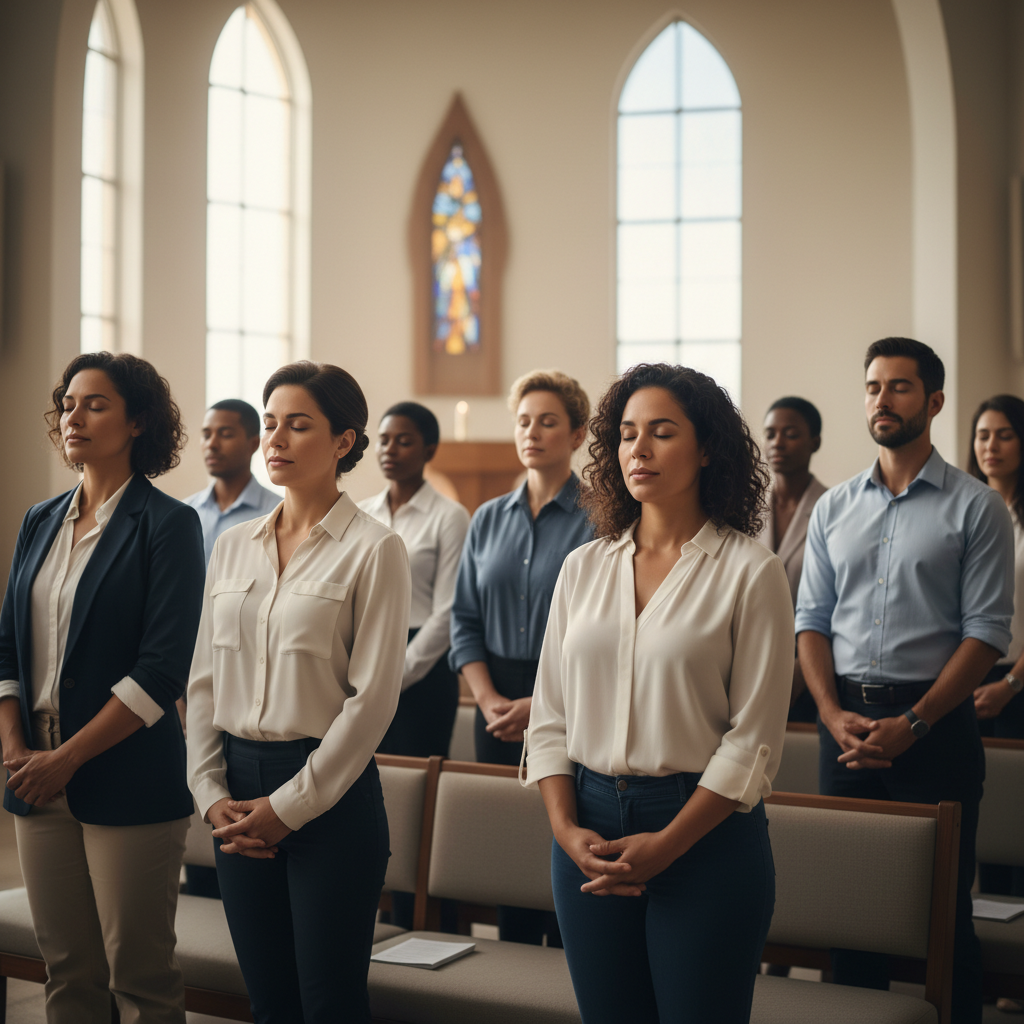 A diverse group of people with serene expressions, finding comfort in a shared spiritual moment.