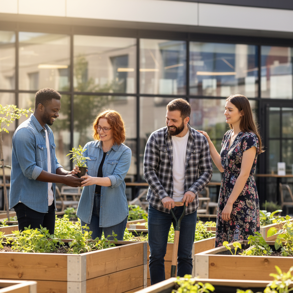 A diverse group of professional Christians engaging in compassionate community interaction.